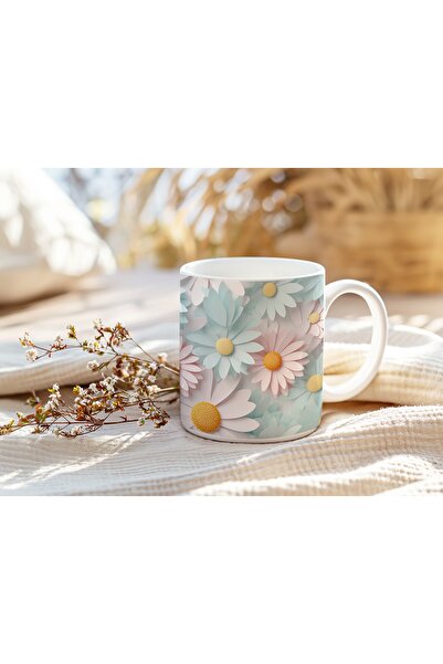 Beramussa كوب ديزي ثلاثي الأبعاد بألوان الوردي والأزرق - كوب بتصميم زهور طبيعي - بدون نقش