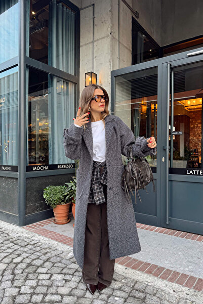 Sue Store Anthracite Wool Textured Lined Buttoned Coat