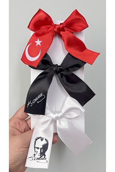 Toka Perisi Ataturk Signed and Turkish Flag Buckle Black Red White Satin Bow 6 cm Metal Clip Buckle