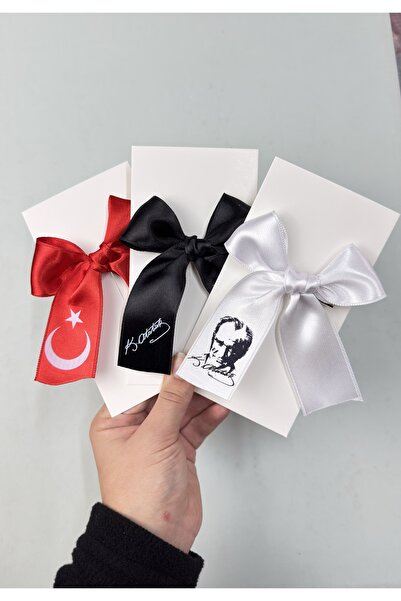 Toka Perisi Ataturk Signed and Turkish Flag Buckle Black Red White Satin Bow 6 cm Metal Clip Buckle