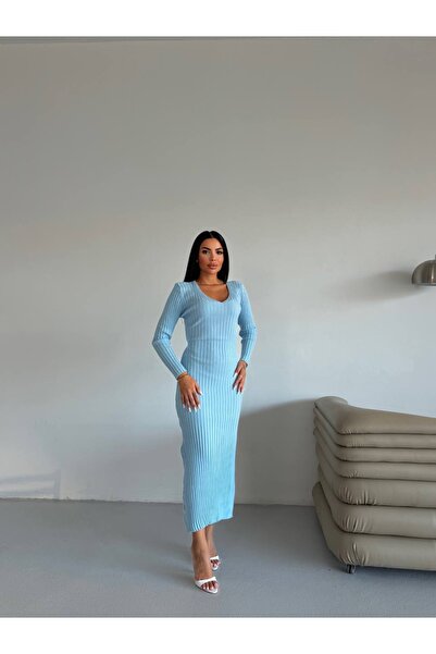 Füme Triko kuşaklı fitilli V yaka elbise