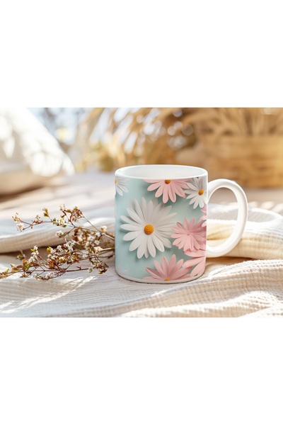 Beramussa كوب ديزي ثلاثي الأبعاد باللون الأزرق والوردي والأبيض - كوب بتصميم ز...