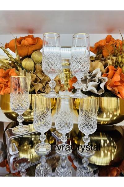 EVRA 6 Adet Bohemia Safran El Kesmesi Altın Yaldızlı Kahve Yanı Su Bardağı 180cc