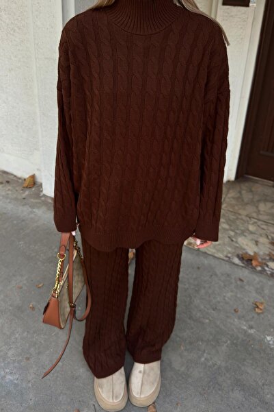 Swist Kahverengi Tail Saç Örgü Desenli Kazak-Pantolon Kadın Alt Üst Takım