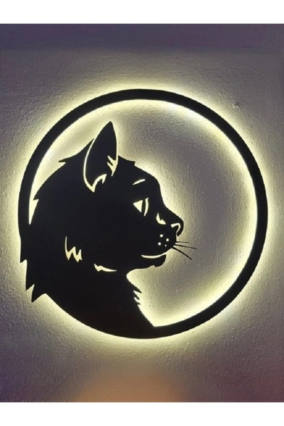 ElertDesignStudio Kedi Figürlü Ahşap LED Işıklı Tablo – El Yapımı Lazer Kesim Dekoratif Hediye Lamba