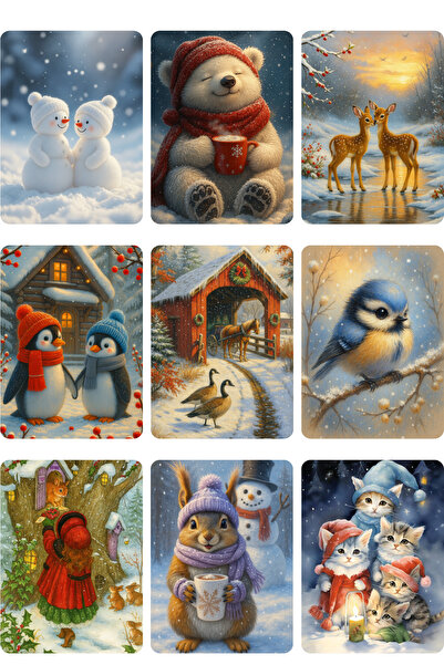 Dekals 9 Adet Simli Kartpostal Seti Yılbaşı Yeniyıl Manzara Nostalji Sevimli Hayvanlar Model -5