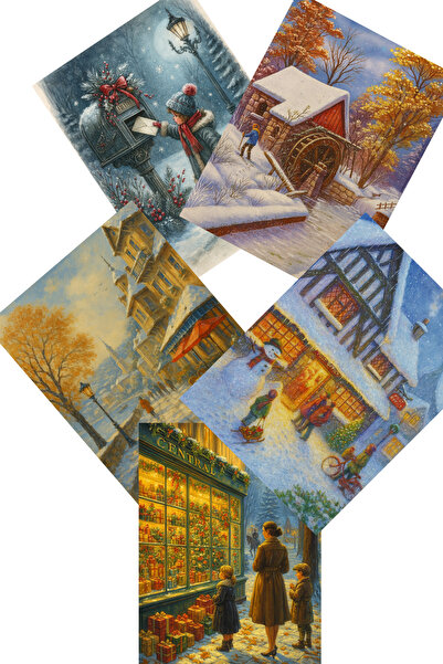 Dekals 9 Farklı Simli Kartpostal Seti Yılbaşı Yeniyıl Manzara Nostalji Centra...