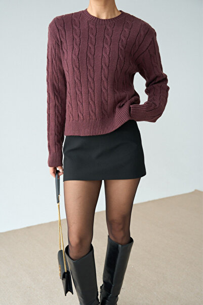 LOOSH Kadın Bordo Bisiklet Yaka Saç Örgülü Triko Kazak