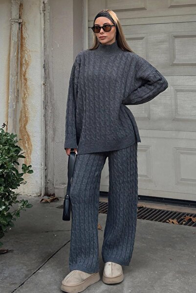 Swist Füme Tail Saç Örgü Desenli Kazak-Pantolon Kadın Alt Üst Takım