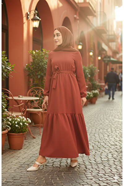MERVE CO Kuşaklı Beli Büzgülü Uzun Tesettür Elbise