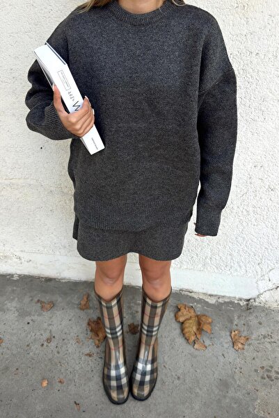 Swist Füme Bisiklet Yaka Oversize Kazak-Mini Etek Kadın Triko Alt Üst Takım