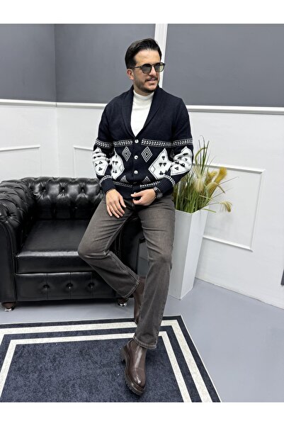 Avni Ceylan Retro Patterned Shawl Collar Men's Knitwear Cardigan