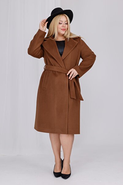 Mooi XXL Women's Brown Wool Cashmere Belt and Lining Detail Plus Size Coat