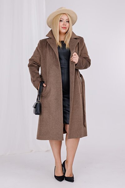 Mooi XXL Women's Brown Melange Wool Cashmere Belt and Lining Detail Plus Size Coat