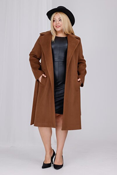 Mooi XXL Women's Brown Wool Cashmere Belt and Lining Detail Plus Size Coat