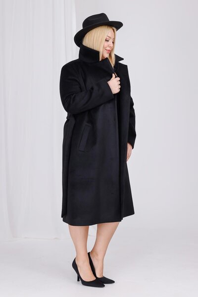 Mooi XXL Women's Black Wool Cashmere Belt and Lining Detail Plus Size Coat