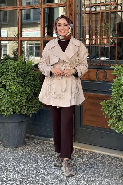 SCL Desenli Kruvaze Yaka Kuşaklı Ceket 10002421111025 Bej