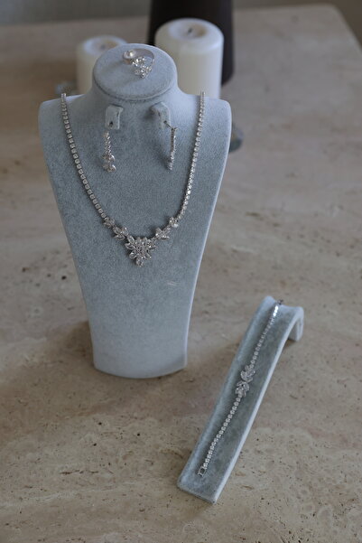 Fashion'Ss Zirkon Taşlı Bridal Set, Kolye Seti, Zirkon Takı Seti, Gelin Takısı, Kolye-Küpe-Bileklik Set