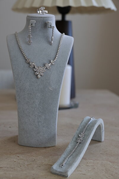 Fashion'Ss Zirkon Taşlı Bridal Set, Kolye Seti, Zirkon Takı Seti, Gelin Takısı, Kolye-Küpe-Bileklik Set