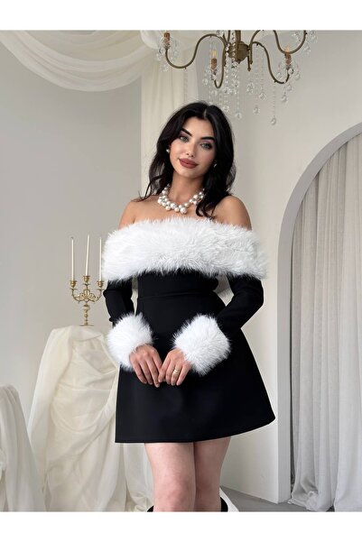 ETİKAFASHION Kürk Yaka Straplez Mini Elbise