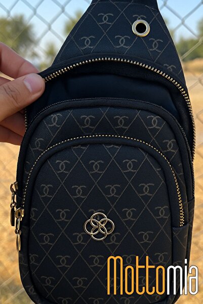 ENOY Unisex Siyah Monogram Desenli Çapraz Göğüs Çantası Vegan Deri Günlük Spor Çanta