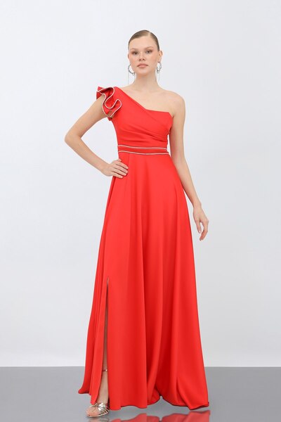 Larenmoda Kırmızı tek omuz kloş abiye