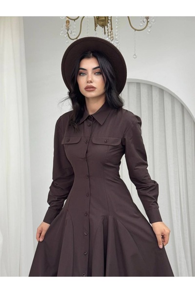 ETİKAFASHION Poplin Pileli Uzun Gömlek Elbise