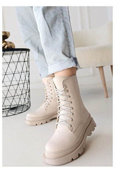 FRESCO SCARFS Beige Leather Lace-Up Boots 250550