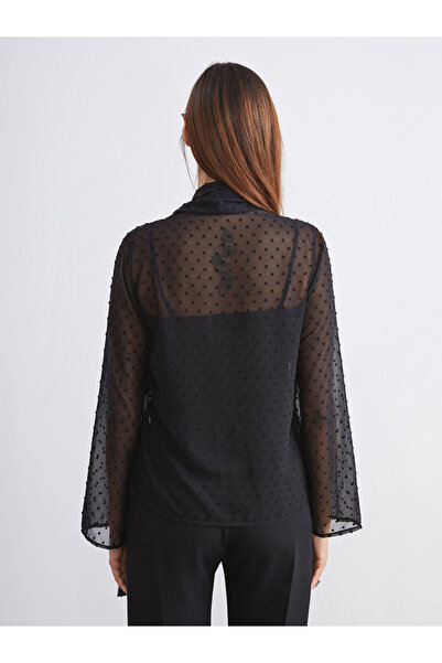 LC Waikiki Soulife Black Shawl Collar Polka Dot Chiffon Blouse and Undershirt