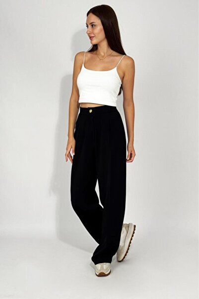 Betimoda Women's Buttoned Pocket Wide Leg Pleated Palazzo Pants Black