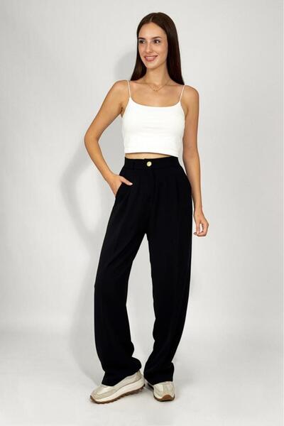 Betimoda Women's Buttoned Pocket Wide Leg Pleated Palazzo Trousers