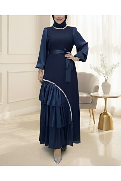 Modamorfo Crepe Dress with Satin Detailing, Stone Belt on the Collar and Skirt - Navy