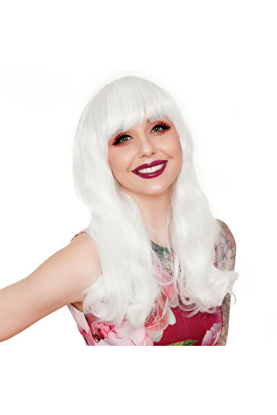 Skygo White Color Wavy Long Party Wig with Bangs