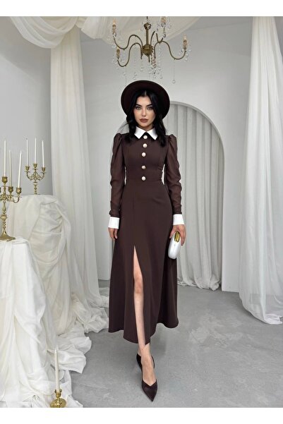 ETİKAFASHION Yırtmaç Detaylı Şifon Kol Kadın Elbise