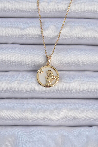 Skygo سلسلة من الفولاذ 316L قلادة ملاك مطلية بحجر الزركون ذهبي اللون - TJ-BKO...