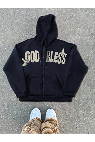 MOONBULL Ünisex God Bless Baskılı Kapüşonlu Fermuarlı Üç İplik Pamuklu Kışlık Sweatshirt