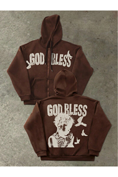 MOONBULL Unisex God Bless Printed Hooded Zippered Three Thread Cotton Winter Sweatshirt