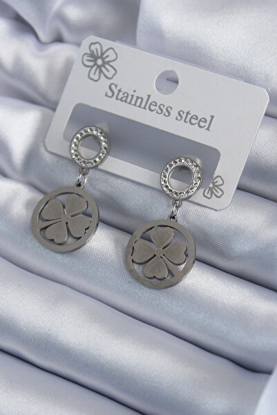Skygo 316L Steel Silver Color Zircon Stone Clover Model Embroidered Detail Women's Earrings - TJ-BKP7934