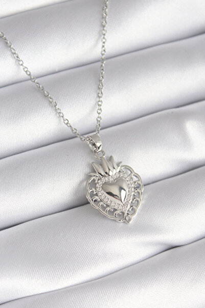 Skygo 316L Steel Silver Color Zircon Stone Detail Crown Heart Model Women's Necklace - TJ-BKO8273