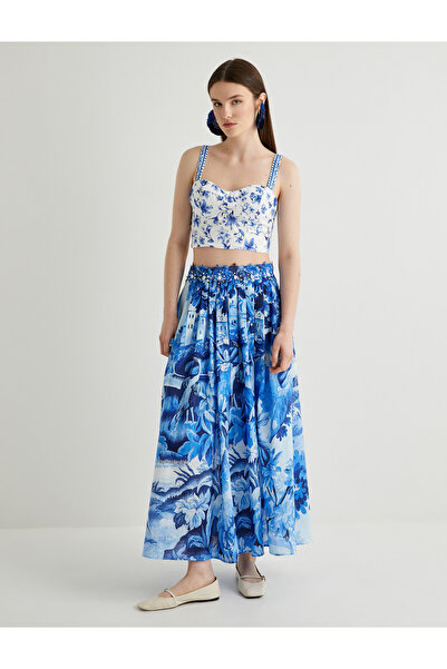 Koton Women's Blue Floral Long Skirt