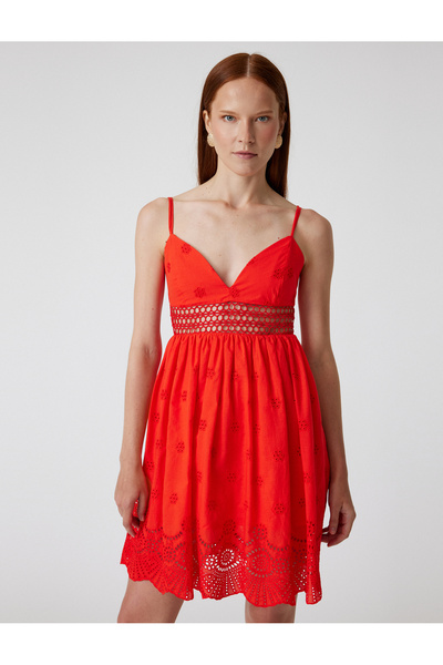 Koton Women's Red Mini Broderie Dress