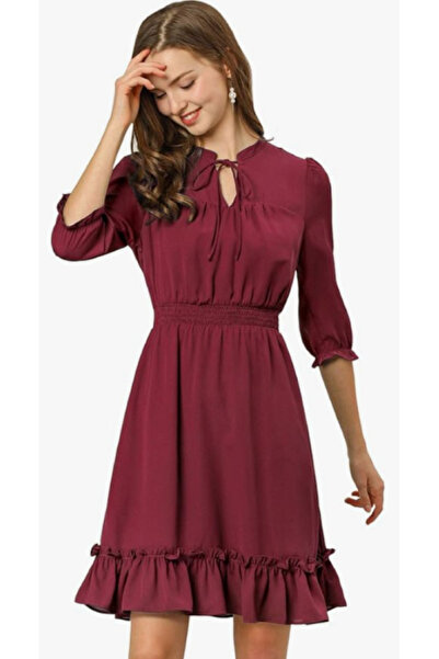 Allegra K Women 3/4 Sleeve Ruffle Hem Bow Chiffon Mini Dress