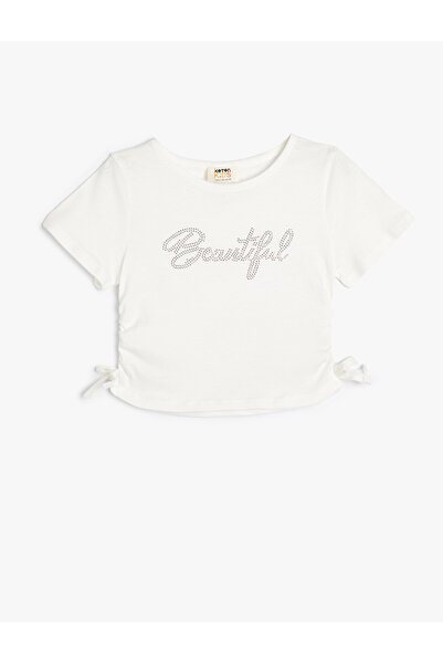 Koton تي شيرت قصير مطرز بالترتر للبنات باللون البيج