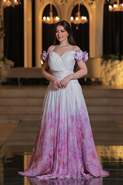 Lara Long white evening dress with pink shades from