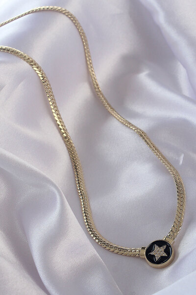 Skygo Brass Gold Color Zircon Stone Star Model Black Enameled Crushed Chain Serenay Necklace - Tj-Bko8840