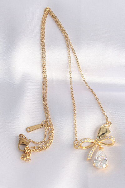 Skygo 316L Steel Chain Gold Color Zircon Stone Drop Detail Bow Necklace - Tj-Bko8690