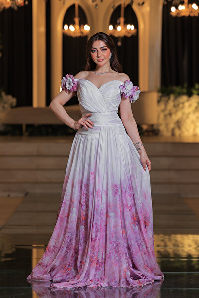 Lara Long white evening dress with pink shades from