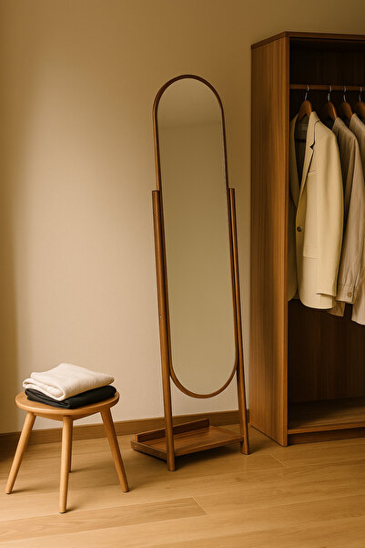 MARIA HOMES Full-Length Oval Standing Mirror 170×44×32 cm – Walnut Wood Frame Dressing Mirror with Base Shelf