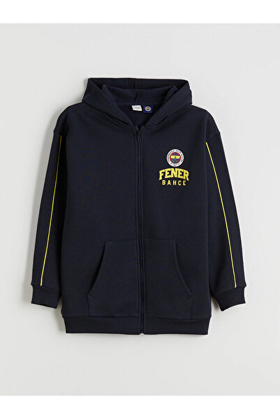 LC Waikiki LCW Kids Lacivert Kapüşonlu Baskılı Erkek Çocuk Fermuarlı Sweatshirt