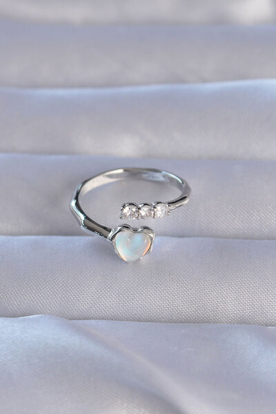 Skygo Brass Silver Color Zircon Stone Pearlescent Heart Model Adjustable Ring - Tj-Byk3232